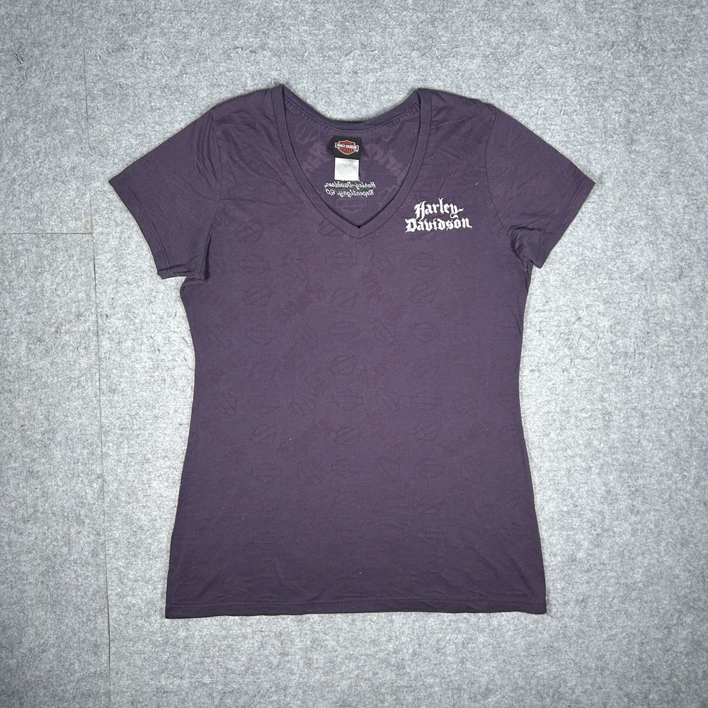 Vintage Harley-Davidson T-Shirt Womens XL Purple Y2K V-Neck Biker Tee Burnout
